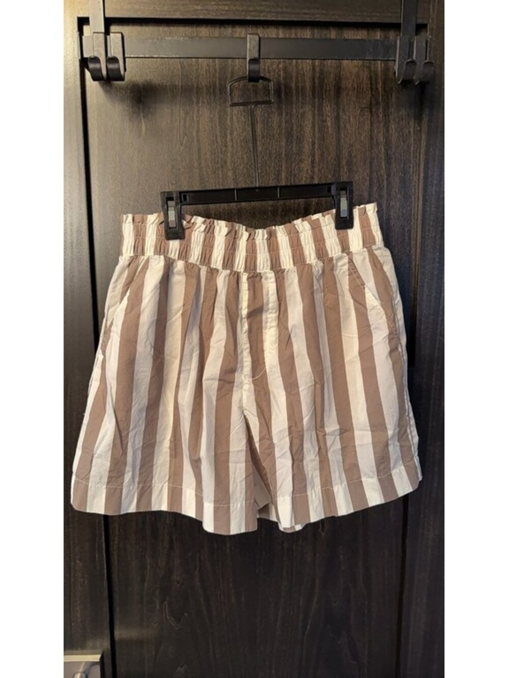 Brown and White Vertical Stripe Aerie Cotton Shorts, Elastic Waist 0168